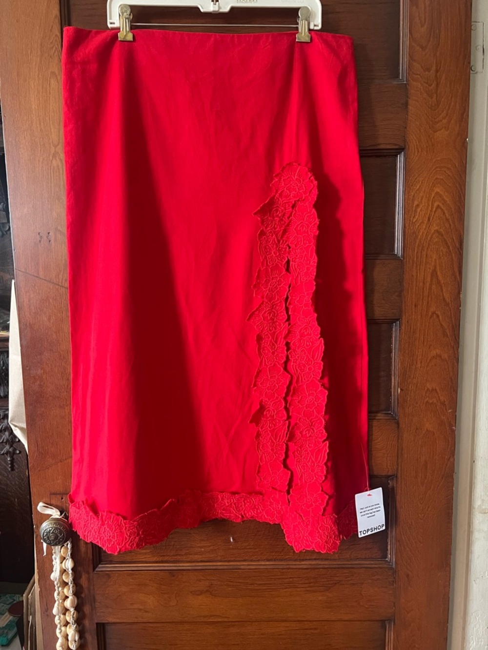 Topshop Red Midi Skirt with Floral Lace Trim